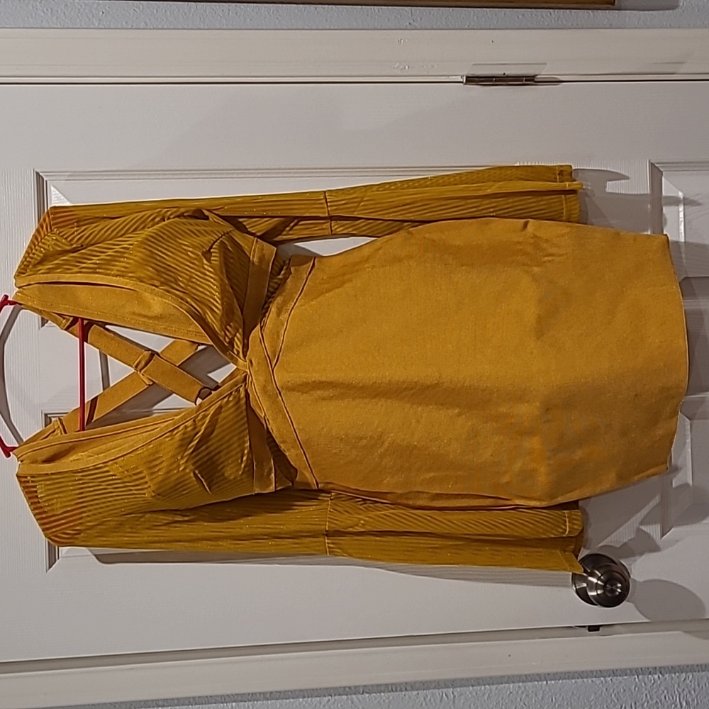 WOW Couture Yellow Mustard Bell Sleeve Back Cross Strap Bodycon Dress Size Med